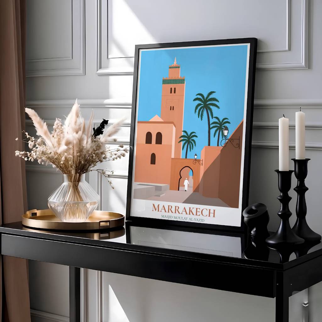 Architectural vector print of the Kasbah Mosque in Marrakech with latitude coordinates, EST 1190 details, and clean title text at base. Presented by MapYourDreams, this artwork is available in flexible options including unframed paper, custom wooden frames, and gallery canvas wraps for living room art.
