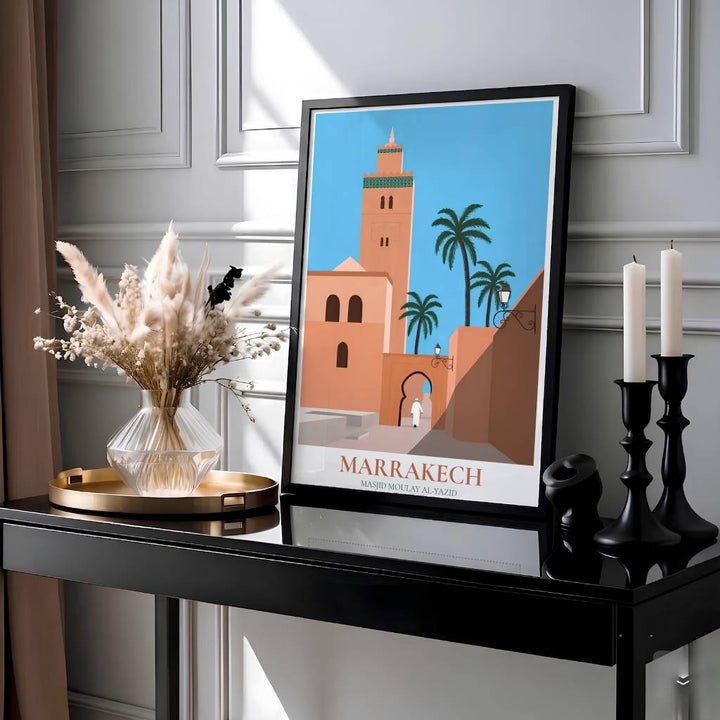 Architectural vector print of the Kasbah Mosque in Marrakech with latitude coordinates, EST 1190 details, and clean title text at base. Presented by MapYourDreams, this artwork is available in flexible options including unframed paper, custom wooden frames, and gallery canvas wraps for living room art.