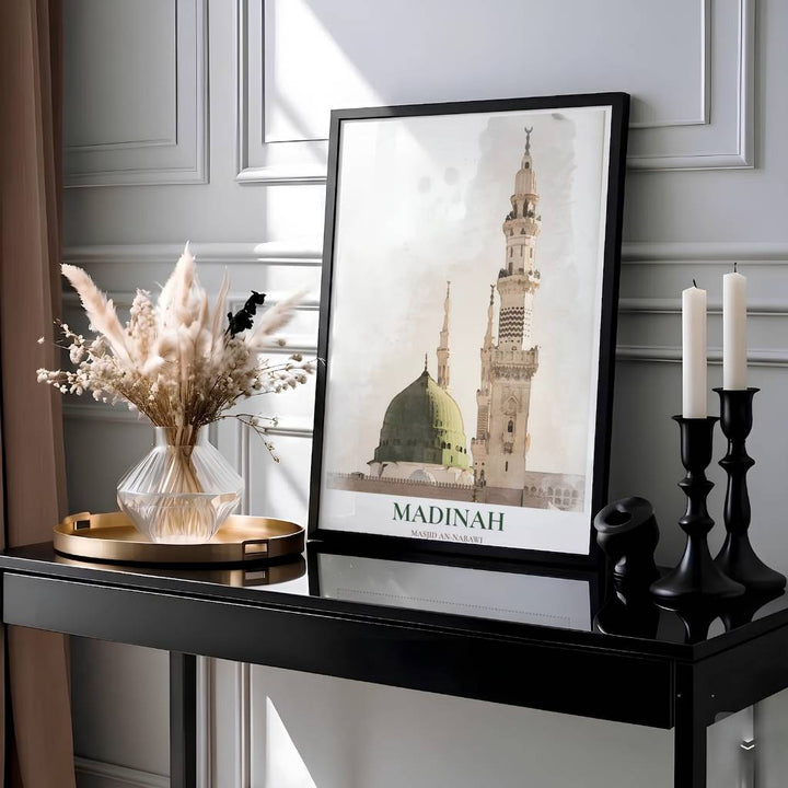 Architectural watercolor print of Masjid an Nabawi featuring the Green Dome, minarets, and cartographic title text reading MADINAH. Presented by MapYourDreams, this artwork is available in flexible options including unframed paper, custom wooden frames, and gallery canvas wraps for living room art.