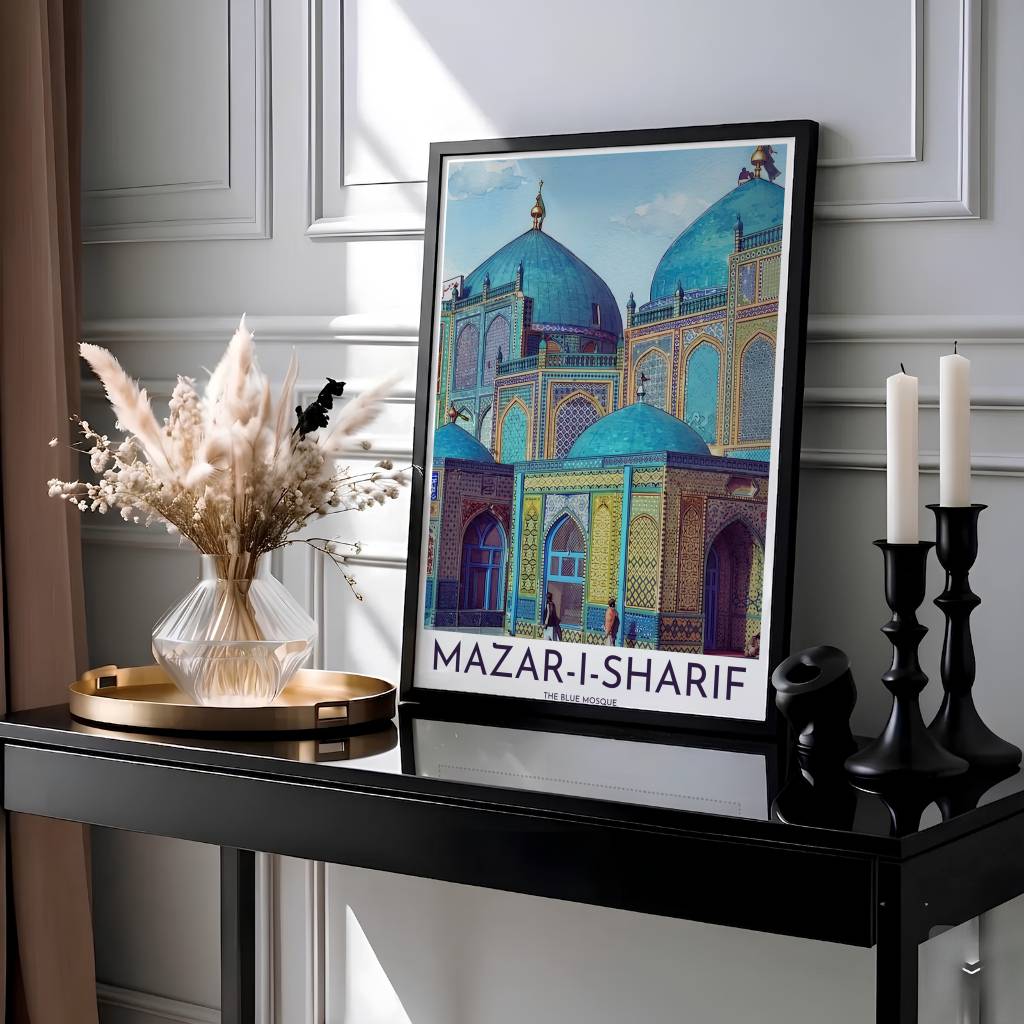 Architectural painting print of the Shrine of Ali in Mazar-i-Sharif featuring pointed iwans, cobalt blue tiles, and clean title text at the base. Presented by MapYourDreams, this artwork is available in flexible options including unframed paper, custom wooden frames, and gallery canvas wraps for living room art.