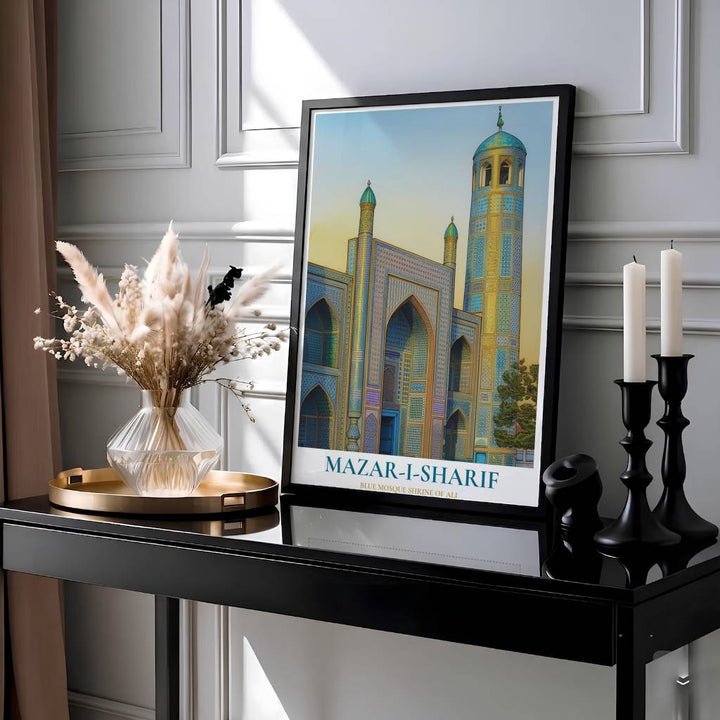 Architectural illustration print of Mazar-i-Sharif Shrine of Ali with pointed iwans, turquoise domes, and clean title text at the base. Presented by MapYourDreams, this artwork is available in flexible options including unframed paper, custom wooden frames, and gallery canvas wraps for living room art.