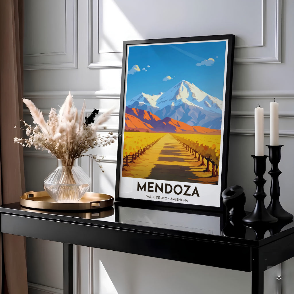 Travel poster of Valle de Uco in Mendoza showcasing symmetrical grapevine rows casting long shadows under a clear blue sky. Presented by MapYourDreams, this piece comes in flexible choices such as unframed paper stock, custom frames, and gallery canvas wraps.