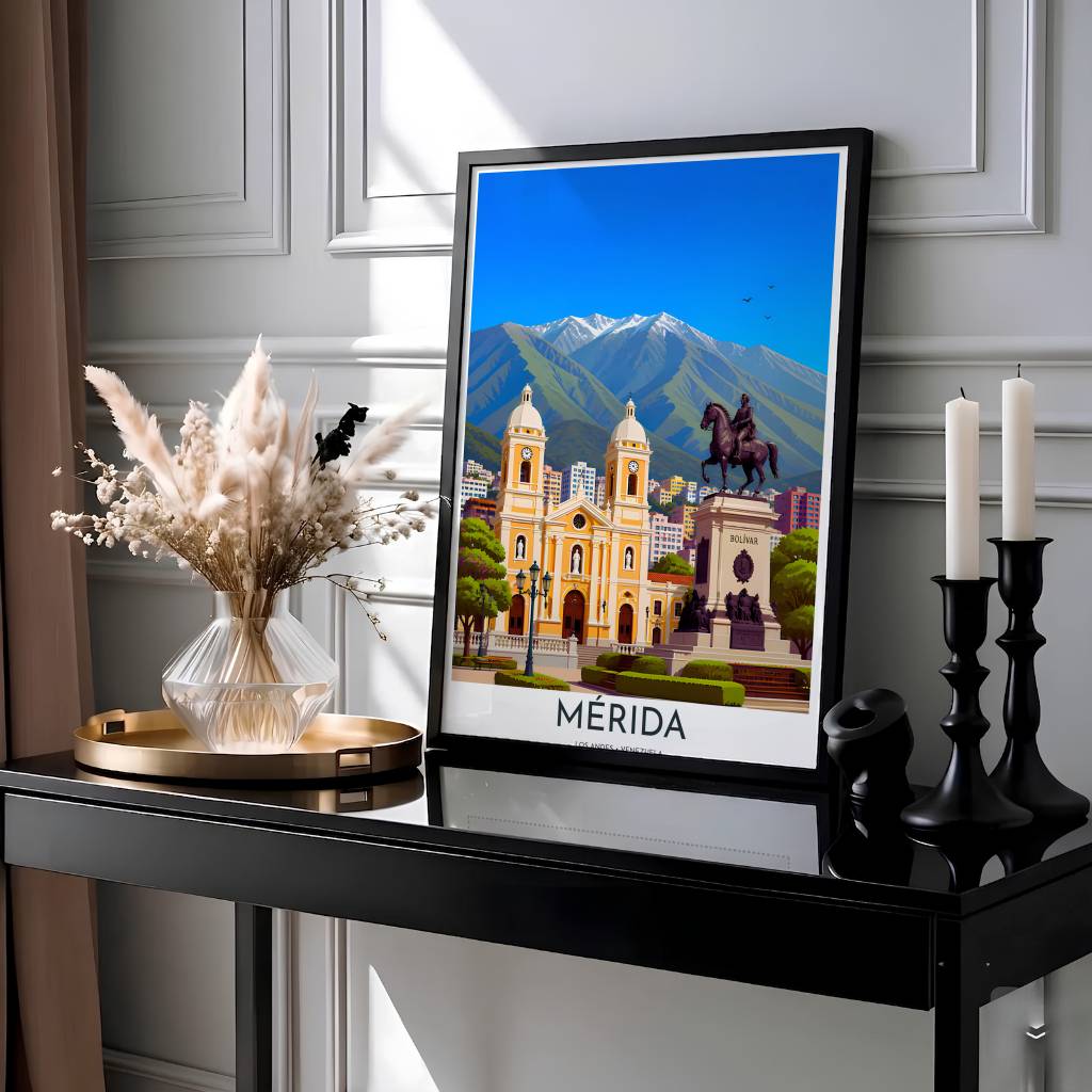 High-resolution architecture and landscape print illustrating the colonial center of Mérida framed by snow-capped Andean peaks. Produced by MapYourDreams, you can order this design on fine art paper, mounted in protective frames, or as a canvas display.