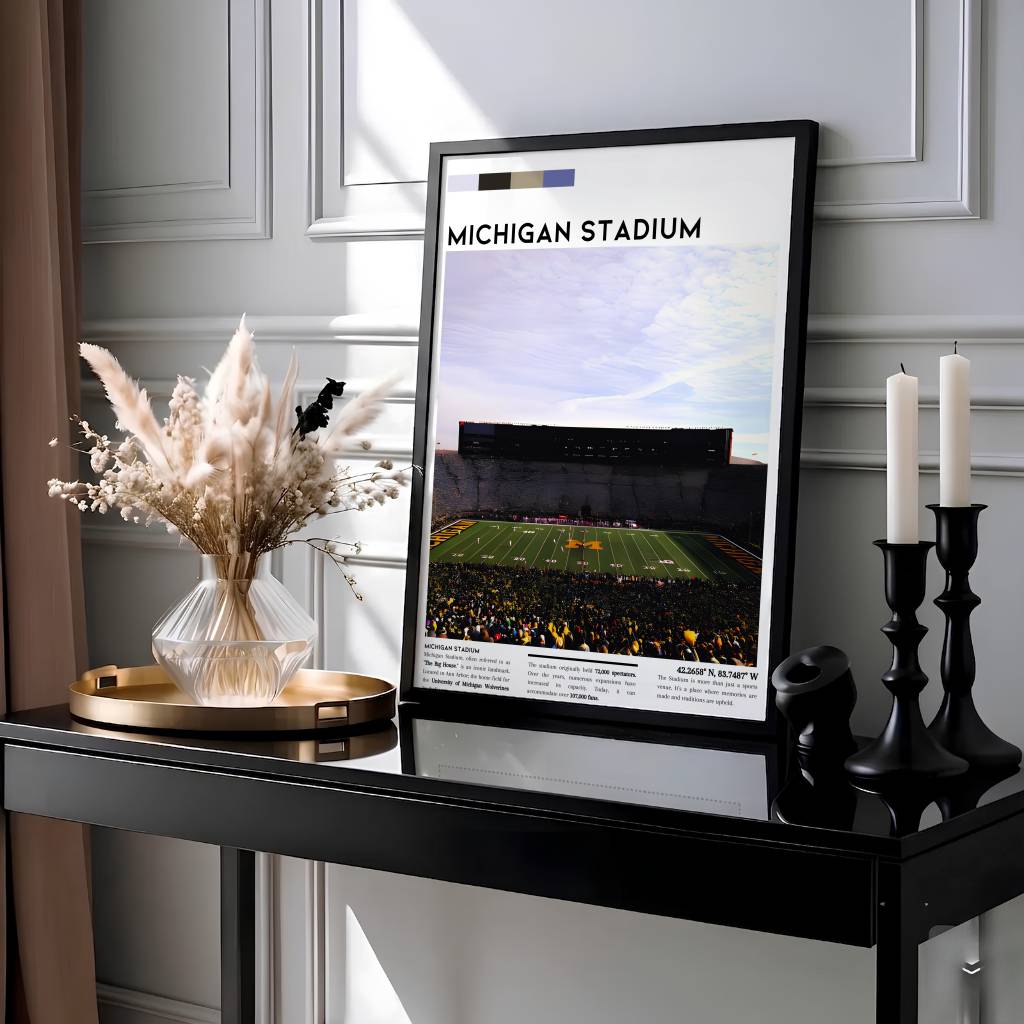 Modern exhibition poster of Michigan Stadium showing wide angle bowl perspective and bold title typography. Designed by MapYourDreams, this artwork is available in flexible options including unframed paper, custom wooden frames, and gallery canvas wraps for home wall art.