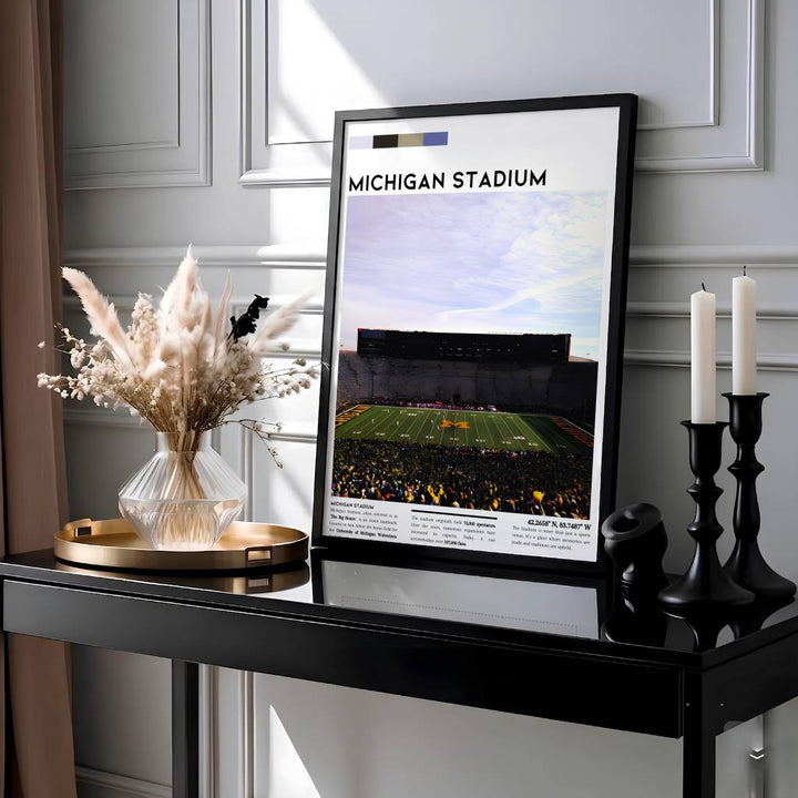 Modern exhibition poster of Michigan Stadium showing wide angle bowl perspective and bold title typography. Designed by MapYourDreams, this artwork is available in flexible options including unframed paper, custom wooden frames, and gallery canvas wraps for home wall art.