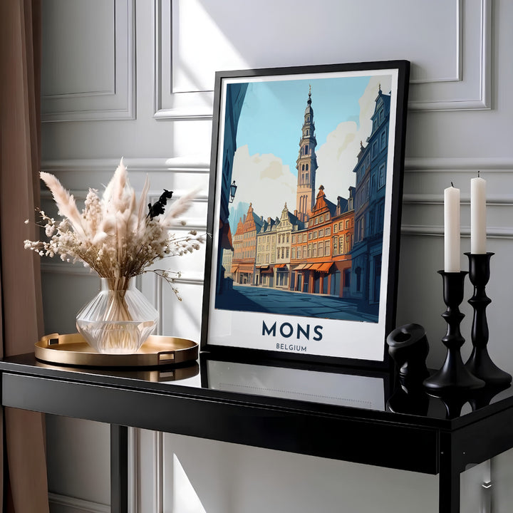 Colorful vector illustration of the UNESCO World Heritage Belfry tower overlooking townhouses in Mons, Belgium. MapYourDreams provides this piece across multiple versatile formats including archival paper prints, custom framed styles, and stretched gallery canvas.