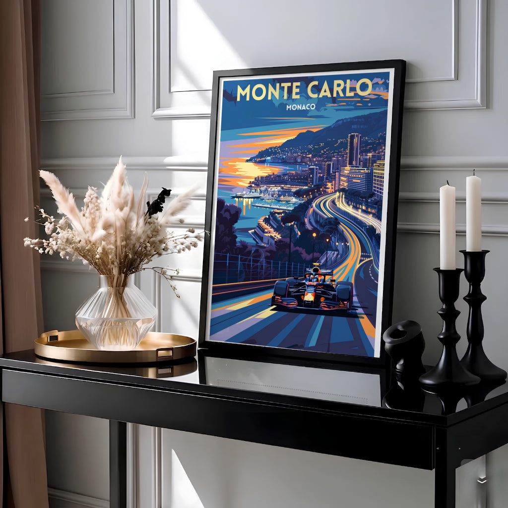 A sleek racing car driving through the famous street circuit of Monte Carlo in Monaco at sunset with yellow light trails and shimmering yachts resting in the harbor, offered as a canvas print, unframed wall poster, or elegant framed art piece to elevate your room layout effortlessly.