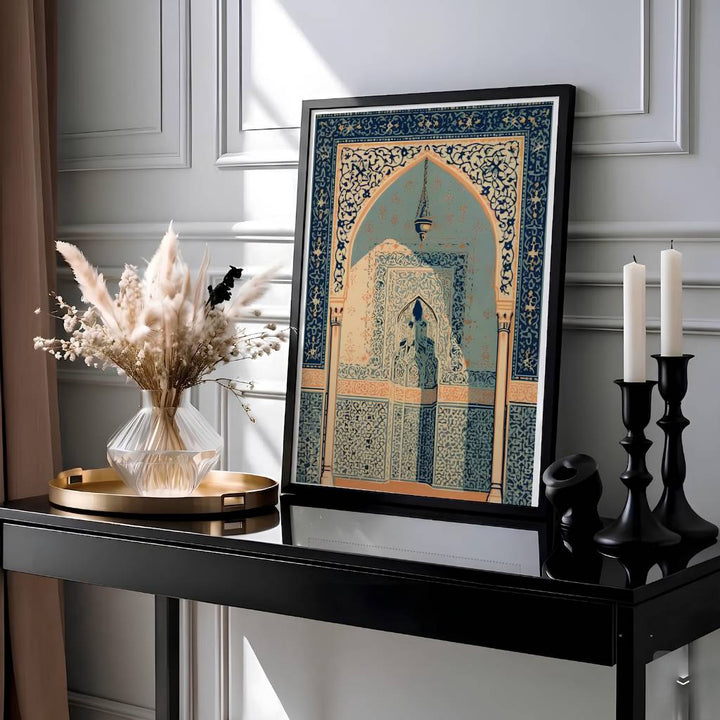 Classic Moorish arch art print displaying hanging brass lamp light, slender columns, and complex floral blue tile work. Presented by MapYourDreams, this artwork is available in flexible options including unframed paper, custom wooden frames, and gallery canvas wraps for living room art.
