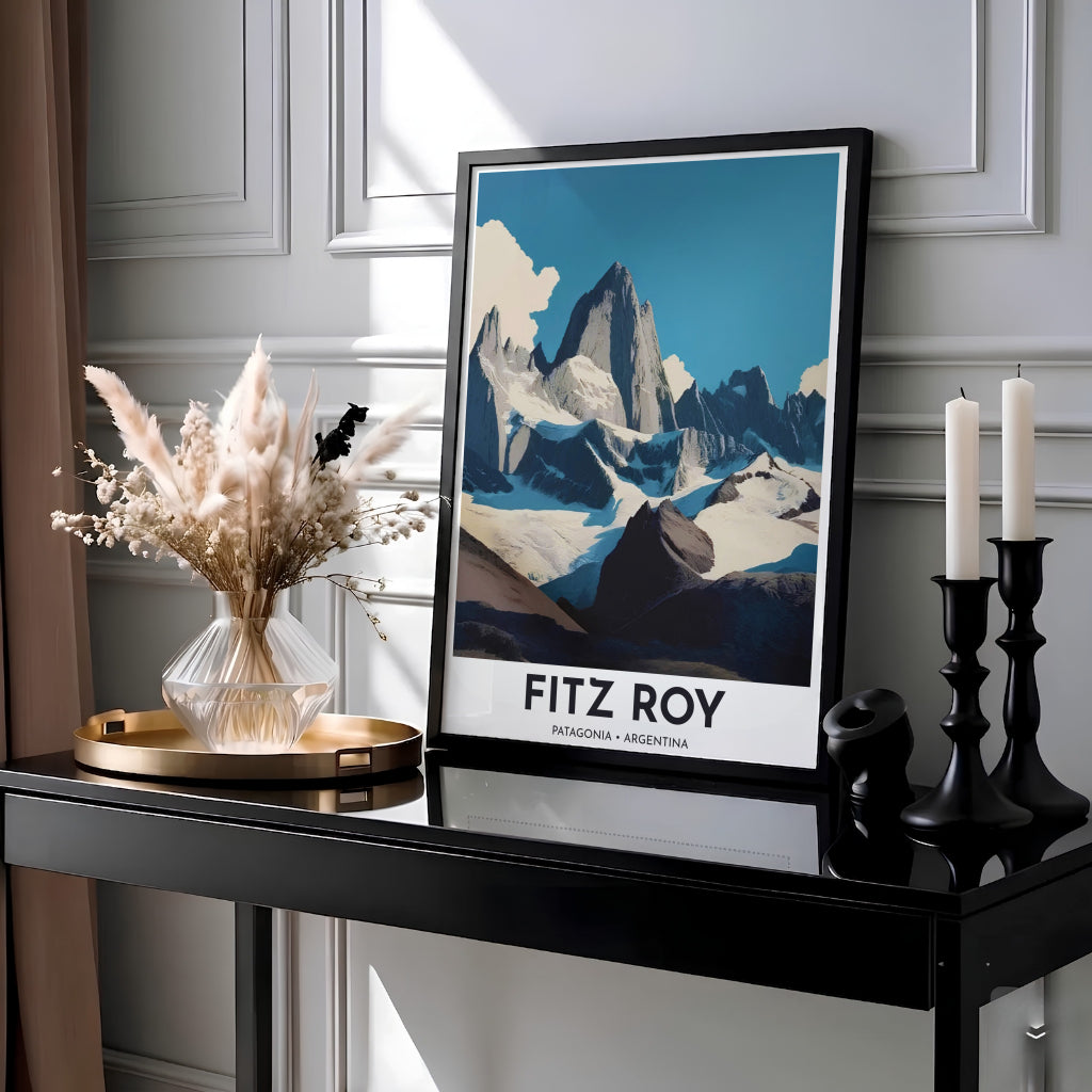 Cool blue travel poster of Mount Fitz Roy in Patagonia showcasing sharp snow-covered ridges and deep indigo valley shadows. Presented by MapYourDreams, this piece comes in flexible choices such as unframed paper stock, custom frames, and gallery canvas wraps.