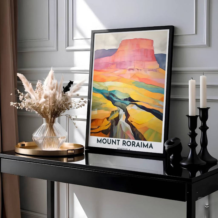 Fine art travel poster of Mount Roraima showcasing layered coral, marigold yellow, and indigo canyon shades. Presented by MapYourDreams, this piece comes in flexible choices such as unframed paper stock, custom frames, and gallery canvas wraps.