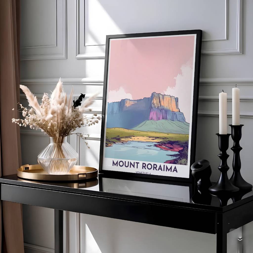 Fine art travel poster of Mount Roraima showcasing delicate ink line work, golden cliff highlights, and a cerulean river reflection. Presented by MapYourDreams, this piece comes in flexible choices such as unframed paper stock, custom frames, and gallery canvas wraps.