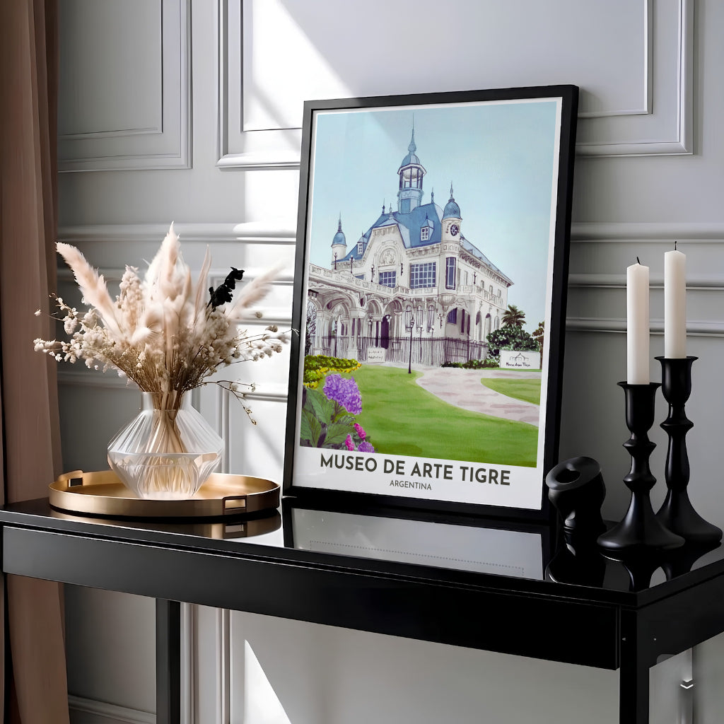 Watercolor travel poster of the Museo de Arte Tigre along the Tigre Delta showcasing Belle Époque architecture and soft pastel blue skies. Presented by MapYourDreams, this piece comes in flexible choices such as unframed paper stock, custom frames, and gallery canvas wraps.