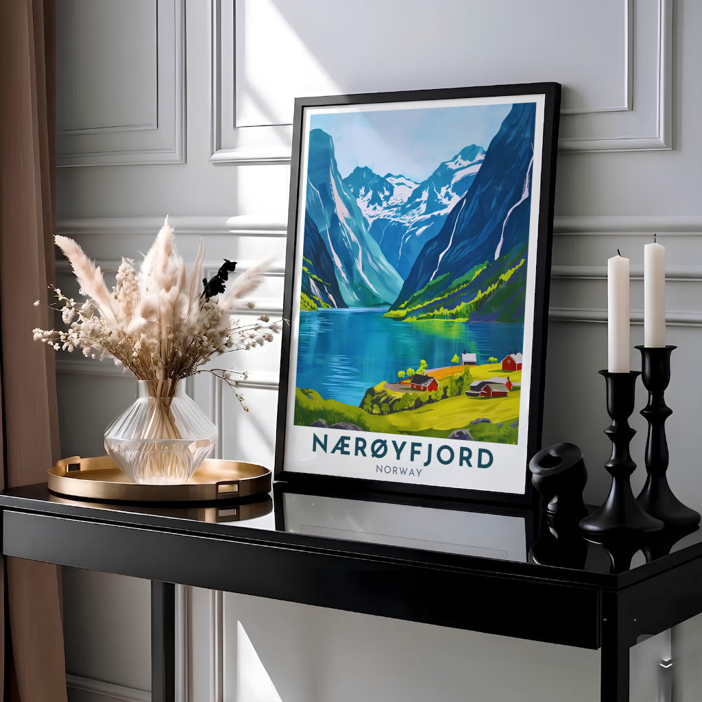 Vibrant Scandinavian travel illustration of Nærøyfjord Norway featuring serene water reflections, green valley pastures, and towering cliffs under a light sky. Designed to enhance home decor, this art piece is available as a ready-to-hang framed poster, stretched canvas wrap, or classic unframed paper print.