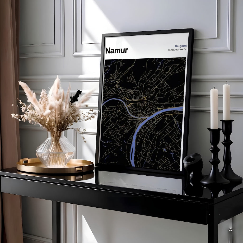 Dark mode geographic map artwork of Namur, Belgium, showcasing golden road networks, blue waterways, and precise latitude and longitude details. Offered by MapYourDreams, this artwork is available in flexible options including unframed paper, custom wooden frames, and gallery canvas wraps.