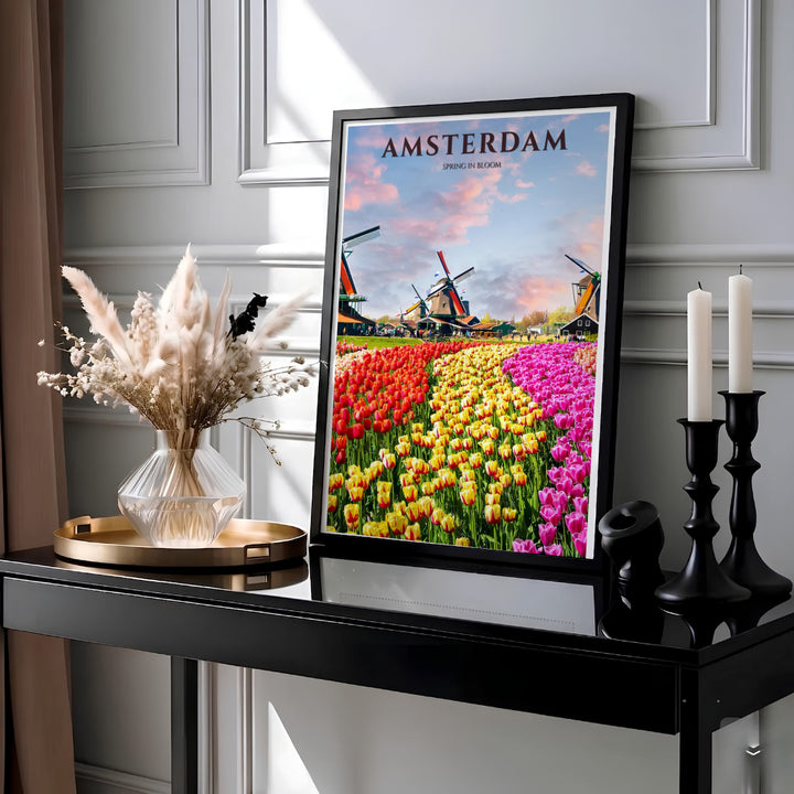 Panoramic photographic travel poster featuring Keukenhof tulip fields in full bloom with traditional wooden windmills in the Netherlands, created by MapYourDreams where shoppers can choose between an unframed matte poster, a gallery stretched canvas, or custom frame choices for bedrooms.