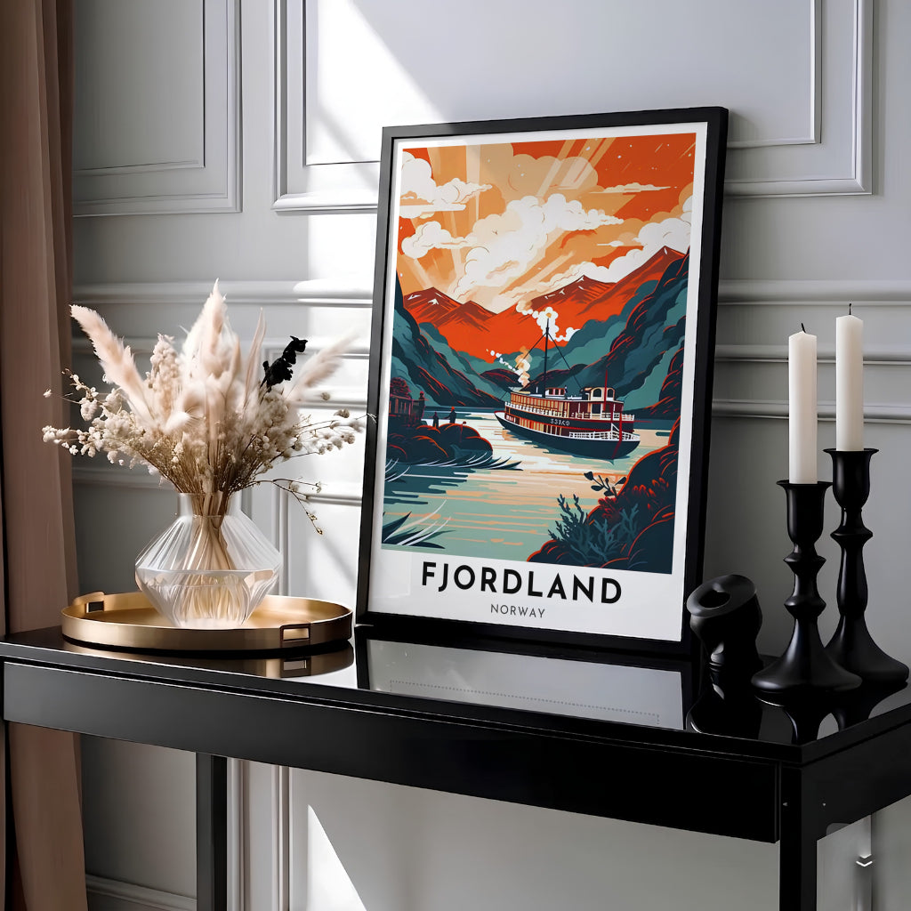 Mid-century style landscape print featuring a steamboat on calm Nordic fjord waters framed by snow-dusted mountains during sunset. Designed for warm home interiors, this artwork comes as a ready-to-hang framed poster, stretched canvas wrap, or classic unframed paper print.