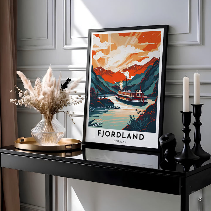 Mid-century style landscape print featuring a steamboat on calm Nordic fjord waters framed by snow-dusted mountains during sunset. Designed for warm home interiors, this artwork comes as a ready-to-hang framed poster, stretched canvas wrap, or classic unframed paper print.