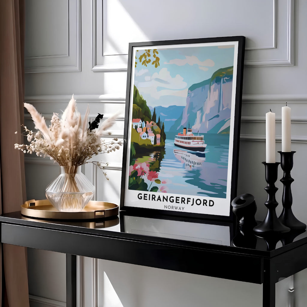 Picturesque landscape illustration showing Geirangerfjord Norway with a vintage passenger transit ship navigating past rock cliffs and blue reflections. Perfect for modern living spaces, this travel artwork is offered as an unframed paper poster, wood framed print, or gallery canvas wall decor.