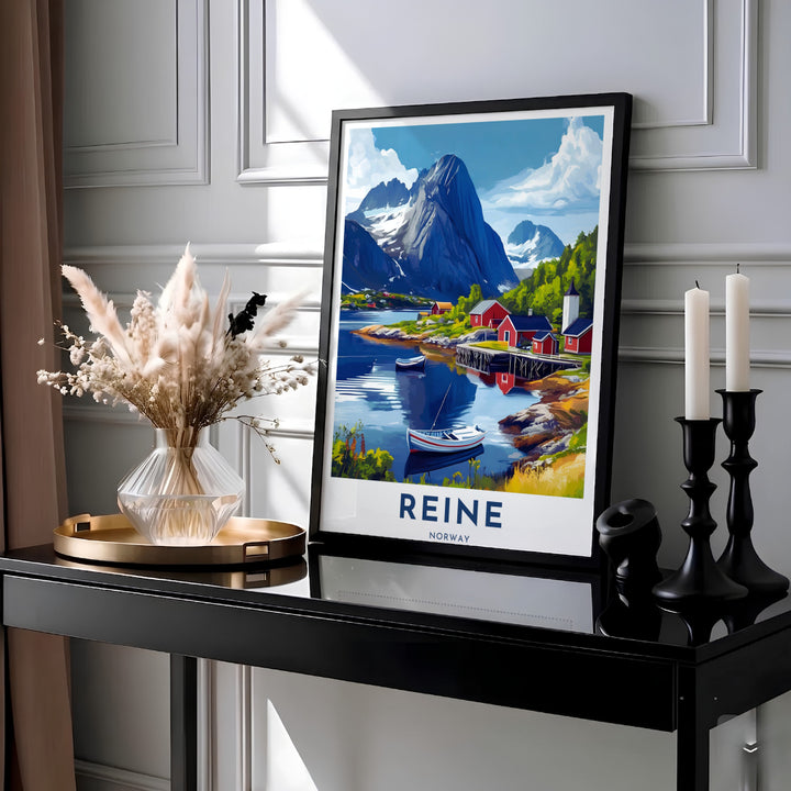 Coastal vector print capturing the scenic harbor of Reine in Lofoten Norway with small boats floating on tranquil waters in front of red fishing cottages. Designed for modern wall decor, this artwork comes as a lightweight paper poster, protective framed display, or gallery wrapped canvas wrap.