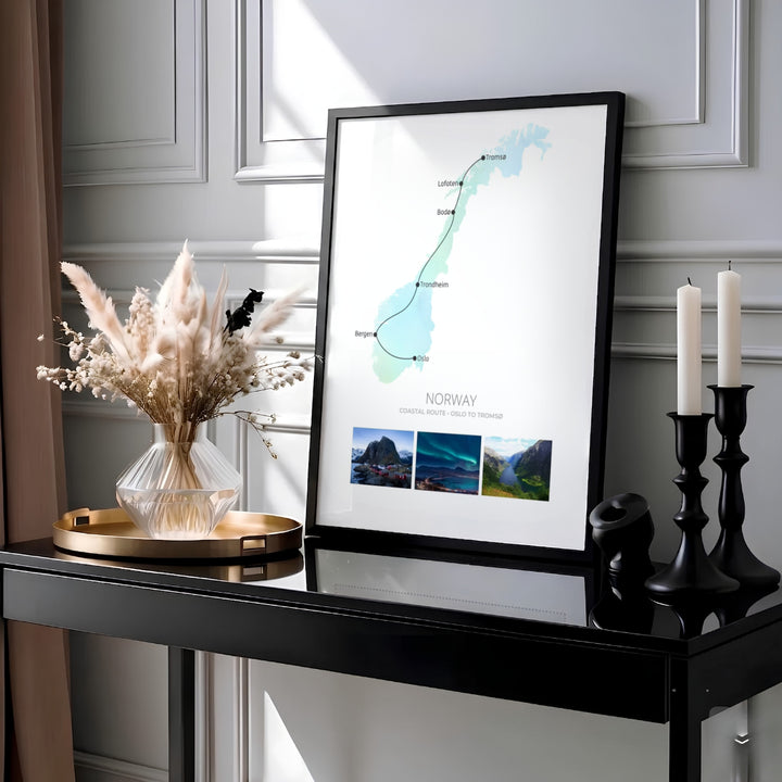 Coastal map vector print illustrating the transit line from Oslo to Tromsø through Bergen and Lofoten with fjord photography panels at the bottom. Designed for modern wall decor, this graphic artwork is offered as a lightweight paper poster, custom framed design, or gallery wrapped canvas wrap.