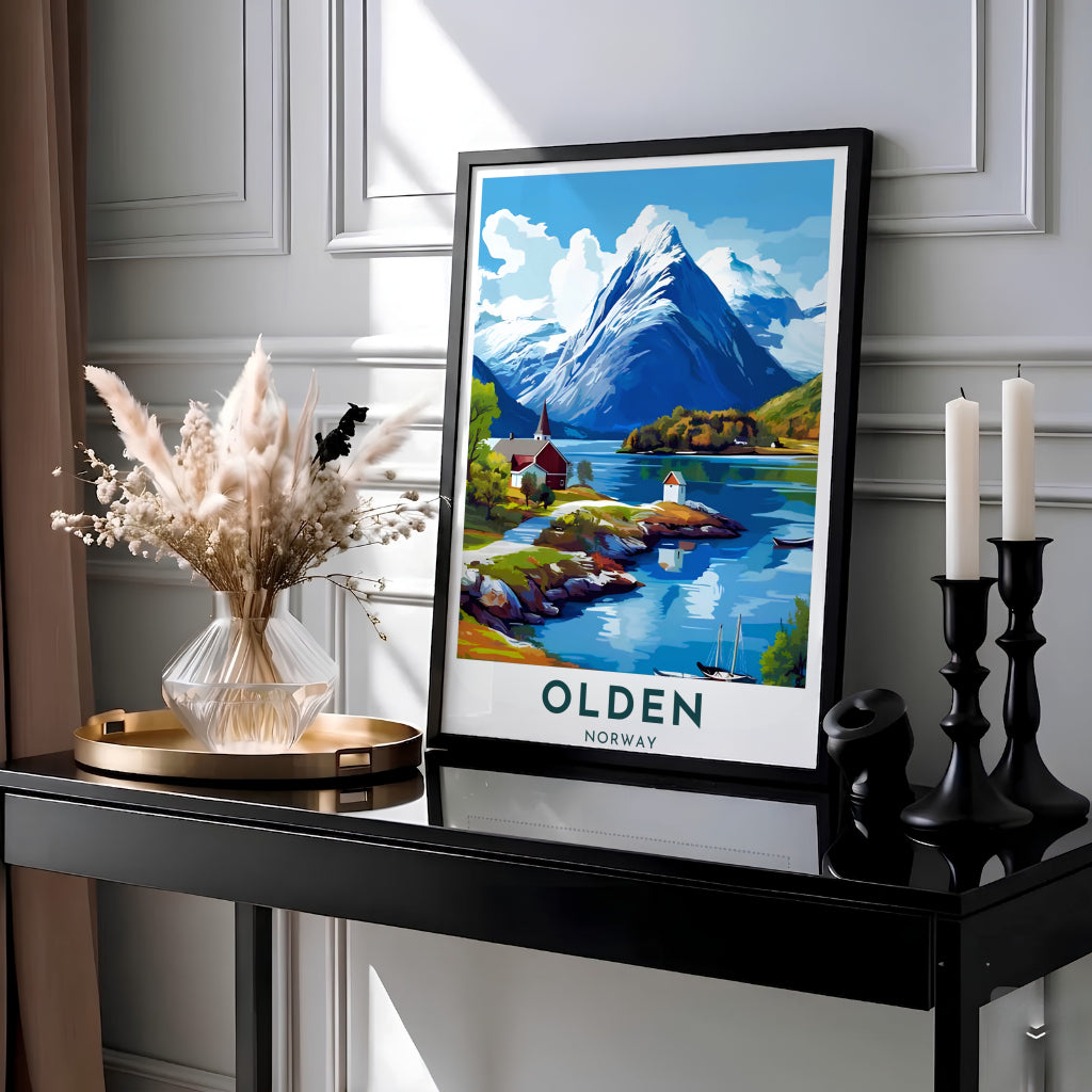 Vibrant travel illustration of Olden Norway featuring snow-dusted mountain peaks, lush green slopes, and peaceful fjord waters with small boats. Perfect for home decoration, this artwork is available in simple unframed paper, protective framed designs, or gallery wrap canvas options.