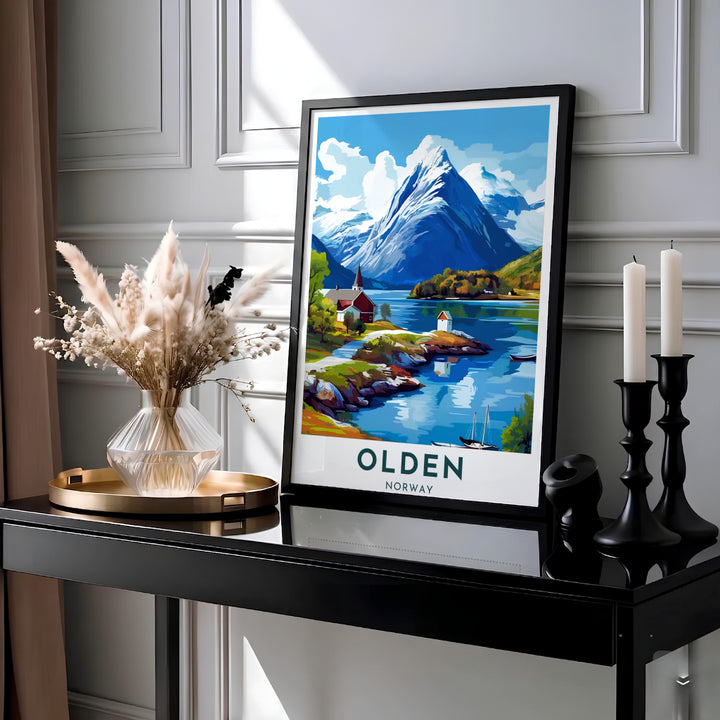 Vibrant travel illustration of Olden Norway featuring snow-dusted mountain peaks, lush green slopes, and peaceful fjord waters with small boats. Perfect for home decoration, this artwork is available in simple unframed paper, protective framed designs, or gallery wrap canvas options.