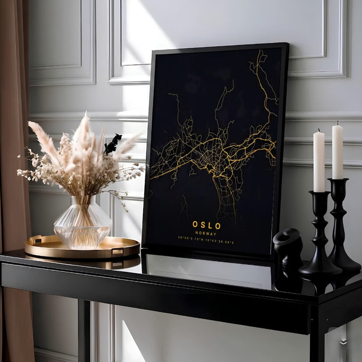 Sleek black and gold vector map poster showing the detailed road layout and city structure of Oslo Norway. Ideal for contemporary interior design, choose between simple unframed poster paper, protective framed designs, or gallery wrap canvas options for your wall arrangement.