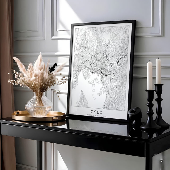 Minimalist road network map poster displaying the capital street layout of Oslo Norway along the Oslofjord coastal inlets. Ideal for modern interior styling, choose between simple unframed poster paper, protective framed designs, or gallery wrap canvas options for your wall arrangement.