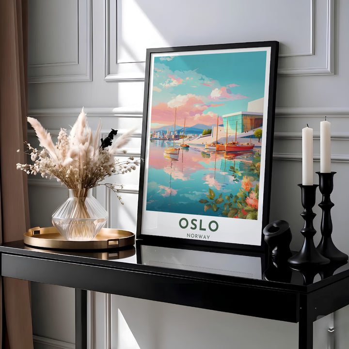 Dreamy pastel landscape poster displaying the waterfront setting of the Oslo Opera House with boats resting along the Oslofjord shoreline. Ideal for modern interior styling, choose between simple unframed poster paper, protective framed designs, or gallery wrap canvas options for your wall arrangement.