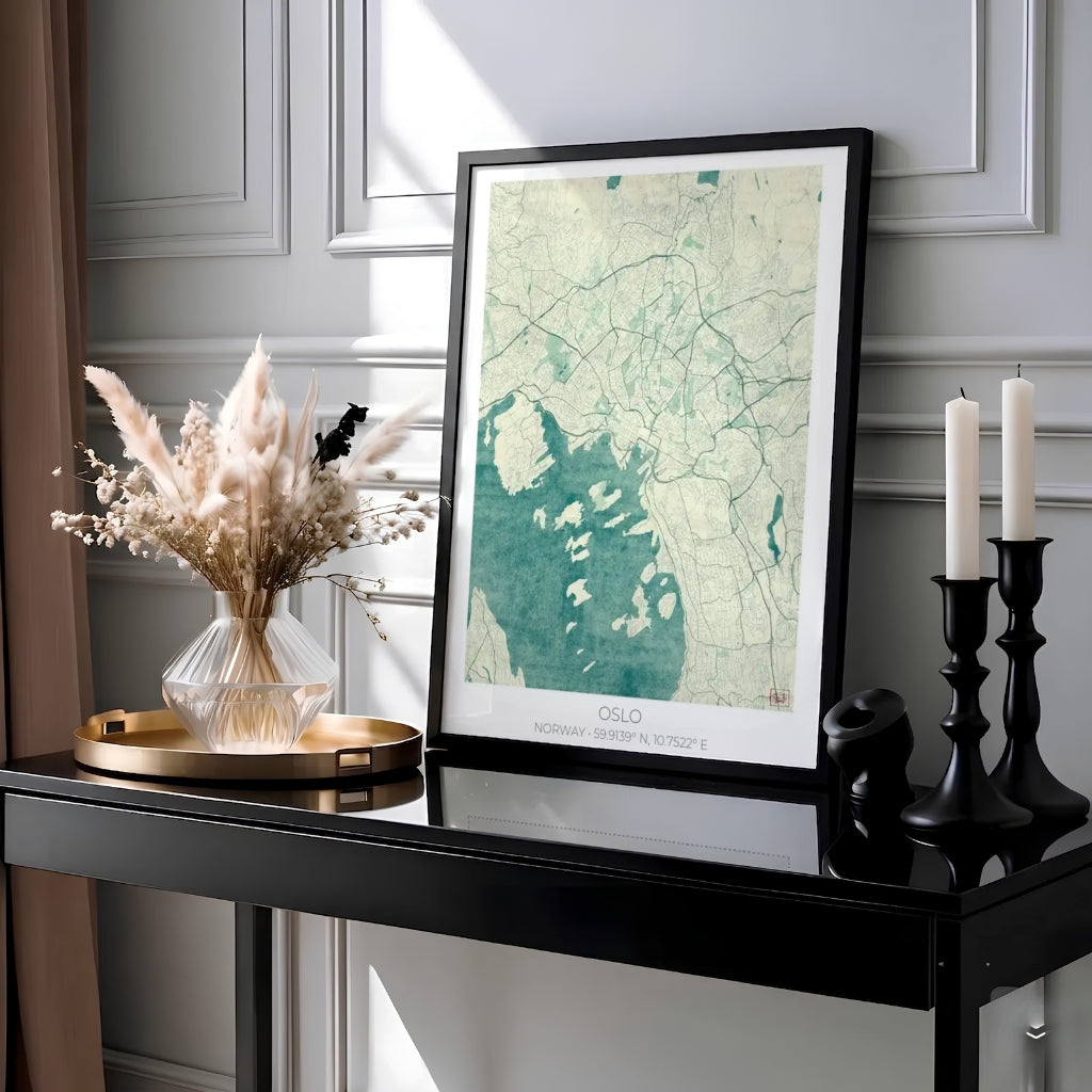 Coastal street map poster displaying the capital layout of Oslo Norway along the serene teal waters of the Oslofjord. Ideal for modern interior styling, choose between simple unframed poster paper, protective framed designs, or gallery wrap canvas options for your wall arrangement.