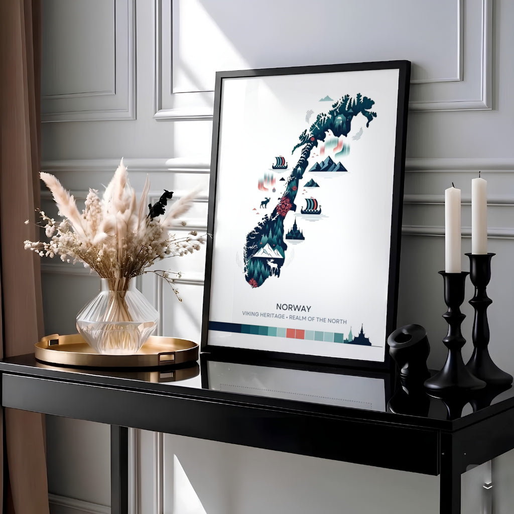 Clean graphic map illustration of Norway featuring Norse cultural symbols like stave churches, wooden longboats, reindeer, and colorful aurora borealis ribbons. Ideal for modern interior styling, choose between simple unframed poster paper, protective framed designs, or gallery wrap canvas options for your wall arrangement.
