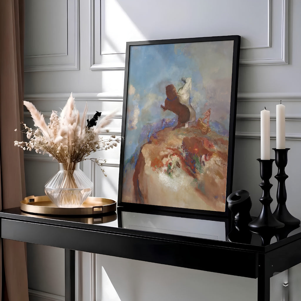 Masterful pastel and tempera print of Odilon Redon Apollo In His Chariot 1905 housed in Rijksmuseum Amsterdam showcasing rearing horses atop a cliff. MapYourDreams offers framed artwork, unframed paper posters, and stretched canvas options for serene bedrooms, reading nooks, and studio spaces.