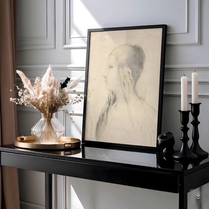 This evocative symbolist portrait by Odilon Redon highlights a graceful profile study radiating classical mythology and introspective mystery within a muted tonal field. Presented by MapYourDreams, customers can select from numerous display configurations, ranging from sleek unframed paper prints to beautifully crafted frames and premium stretched canvas wraps for modern home styling.