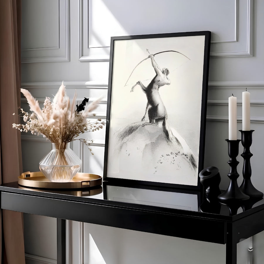 High-contrast sketch of the mythical centaur archer perched upon a mountain summit by Odilon Redon in Centaur Aiming At The Clouds 1895. MapYourDreams offers this classical fine art design in tailored selections, spanning unmounted paper prints, handcrafted frames, and gallery canvas wraps.