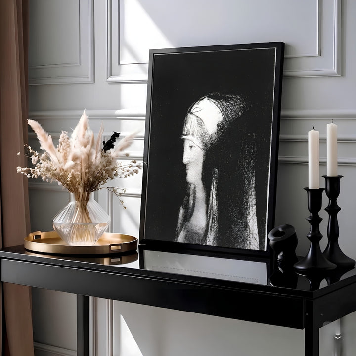 High-contrast monochromatic portrait of the priestess Druidesse created by French Symbolist master Odilon Redon in 1891. Art collectors at MapYourDreams can select between simple unframed fine art paper, handcrafted picture frames, and wrapped canvas formatting options.
