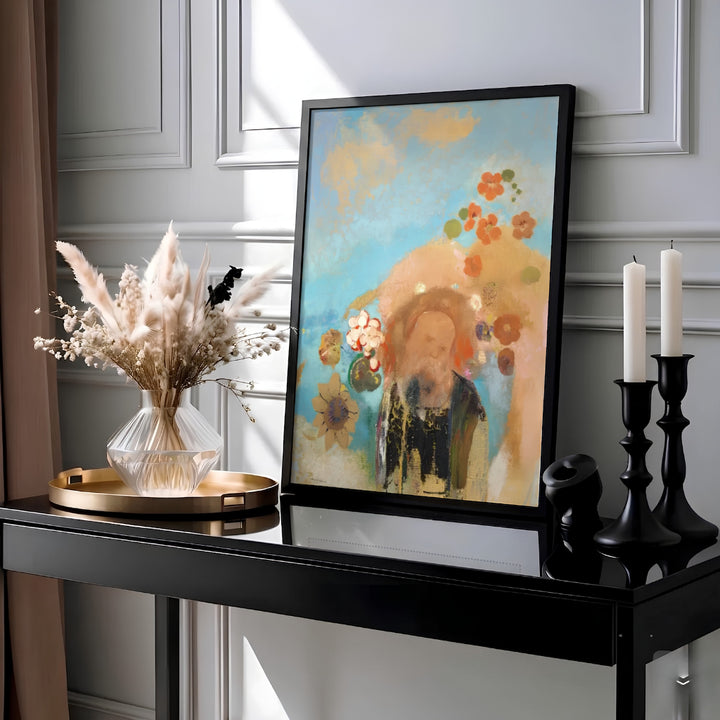 Vibrant sky blue and ochre pastel artwork of Evocation Of Roussel created by French Symbolist master Odilon Redon in 1895-1912. Art collectors at MapYourDreams can select between simple unframed fine art paper, handcrafted picture frames, and wrapped canvas formatting options.