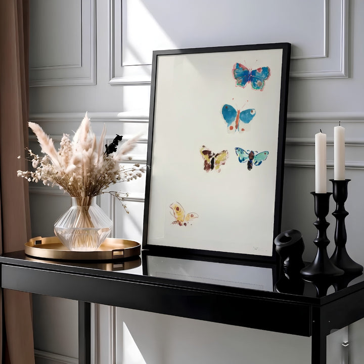 Delicate watercolor insect study featuring detailed wings and vibrant blue pigments created by Odilon Redon in 1910. Art collectors at MapYourDreams can select between simple unframed fine art paper, handcrafted picture frames, and wrapped canvas formatting options for their walls.
