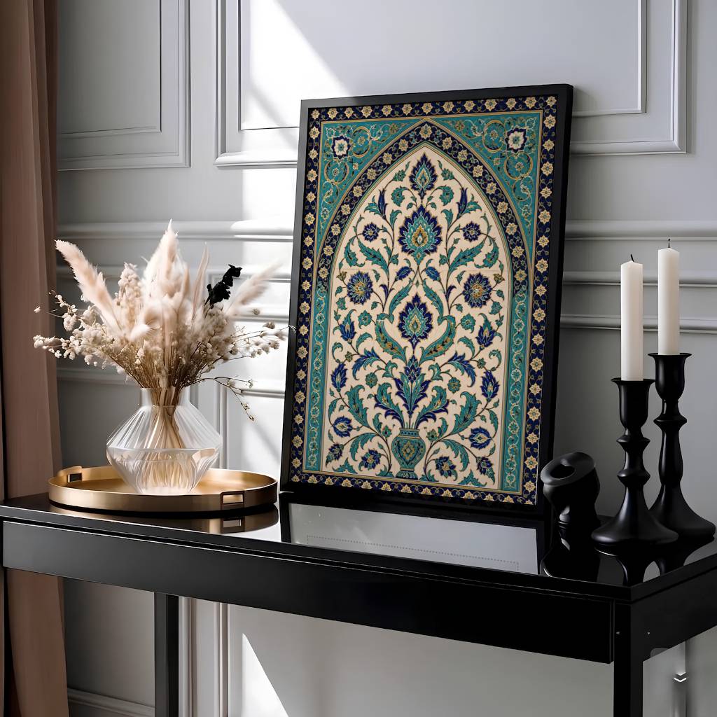 Classic Ottoman tile art print displaying a central ogee arch with a tree of life floral vase and deep navy geometric borders. Presented by MapYourDreams, this artwork is available in flexible options including unframed paper, custom wooden frames, and gallery canvas wraps for living room art.