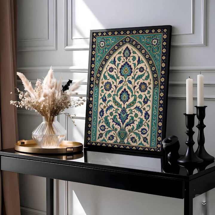 Classic Ottoman tile art print displaying a central ogee arch with a tree of life floral vase and deep navy geometric borders. Presented by MapYourDreams, this artwork is available in flexible options including unframed paper, custom wooden frames, and gallery canvas wraps for living room art.