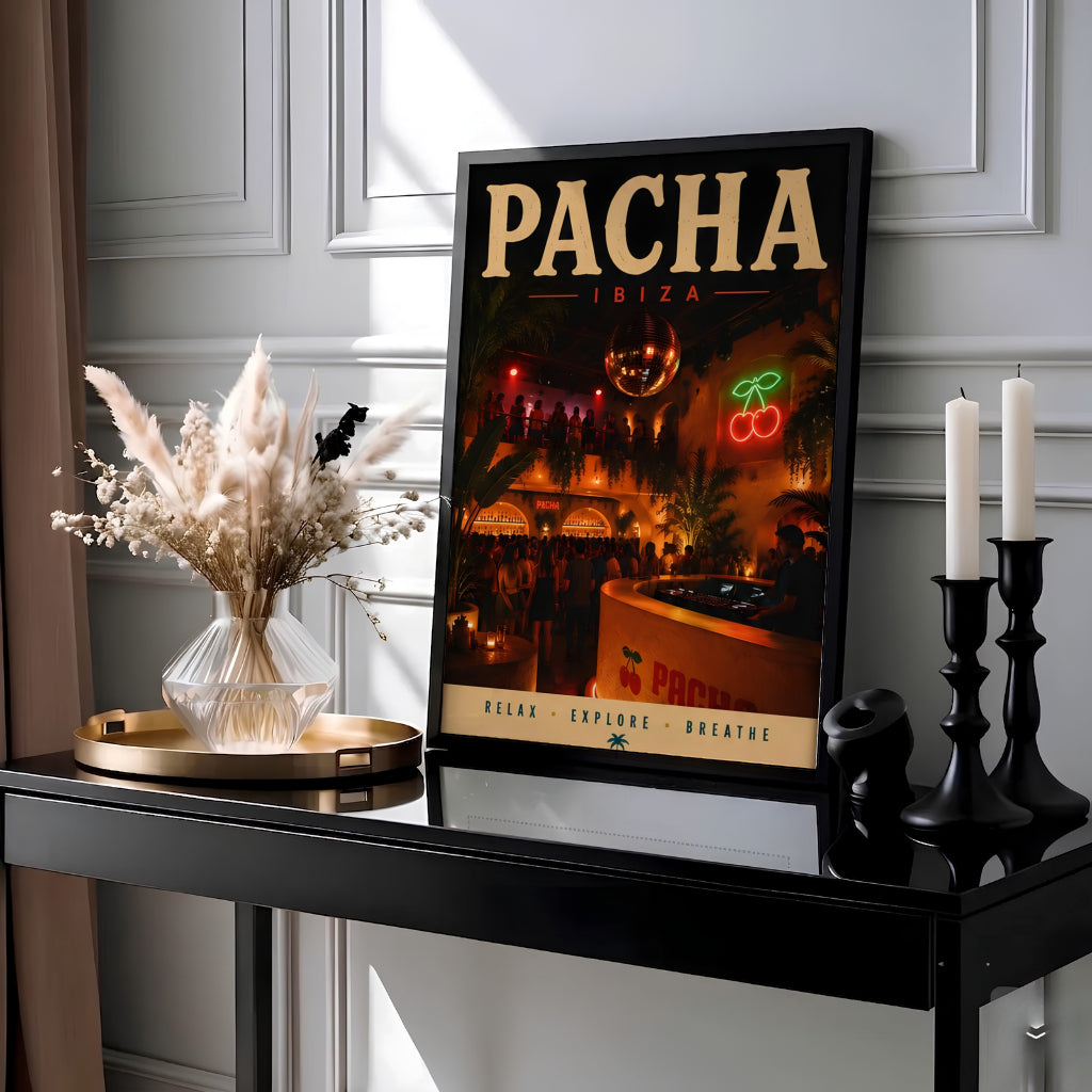 Atmospheric dance music venue art print showing glowing red cherry neon and balcony seating at Pacha in Ibiza, Spain, presented by MapYourDreams as an unframed poster print, stretched canvas art, or custom framed decor designed to enhance home bar and lounge wall displays.