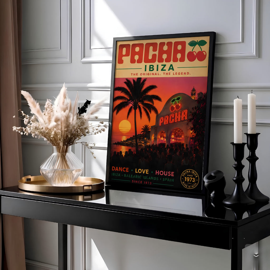 Balearic Islands electronic music travel poster highlighting Pacha Ibiza nightclub in Spain with warm orange sunset gradients and palm trees, presented by MapYourDreams as an unframed fine art print, ready-to-hang gallery canvas, or custom framed poster for dance music enthusiasts.