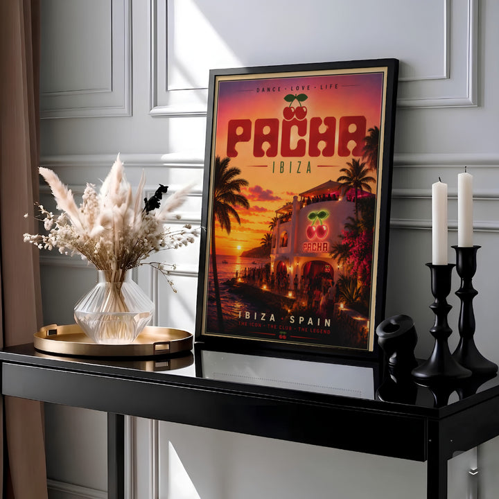 Vintage Pacha cherry neon sign print highlighting the Mediterranean coast in Ibiza with glowing ambient lights and palm silhouettes, available from MapYourDreams as an unframed print, gallery wrapped canvas decor, or custom framed print in pure gold and silver finishes.