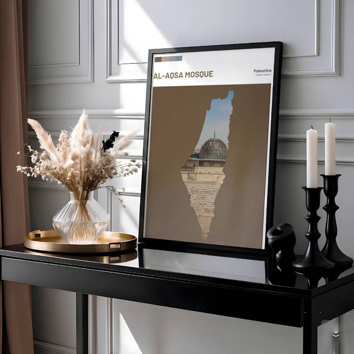 Architectural silhouette print of Al Aqsa Mosque with lead dome photography inside Palestine map shape and geographic coordinates text at top. Presented by MapYourDreams, this artwork is available in flexible options including unframed paper, custom wooden frames, and gallery canvas wraps for living room art.