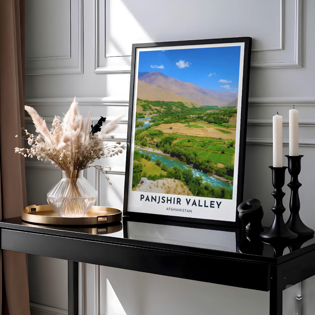 High-resolution photographic print showcasing the rural river valley of Panjshir, Afghanistan, with terraced fields and rolling mountain ridges. Produced by MapYourDreams as an unframed print, a stretched canvas decor piece, or a framed wall decor option in pure gold, white, or silver frames.