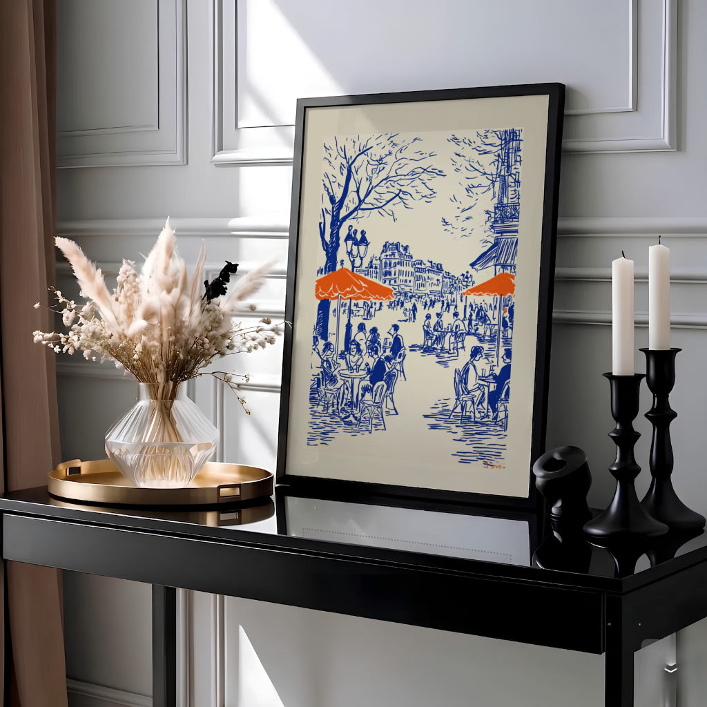 French travel poster style sketch capturing outdoor cafe patrons sitting along a tree-lined street in Paris France. Select framed, unframed poster, or gallery canvas choices at MapYourDreams.