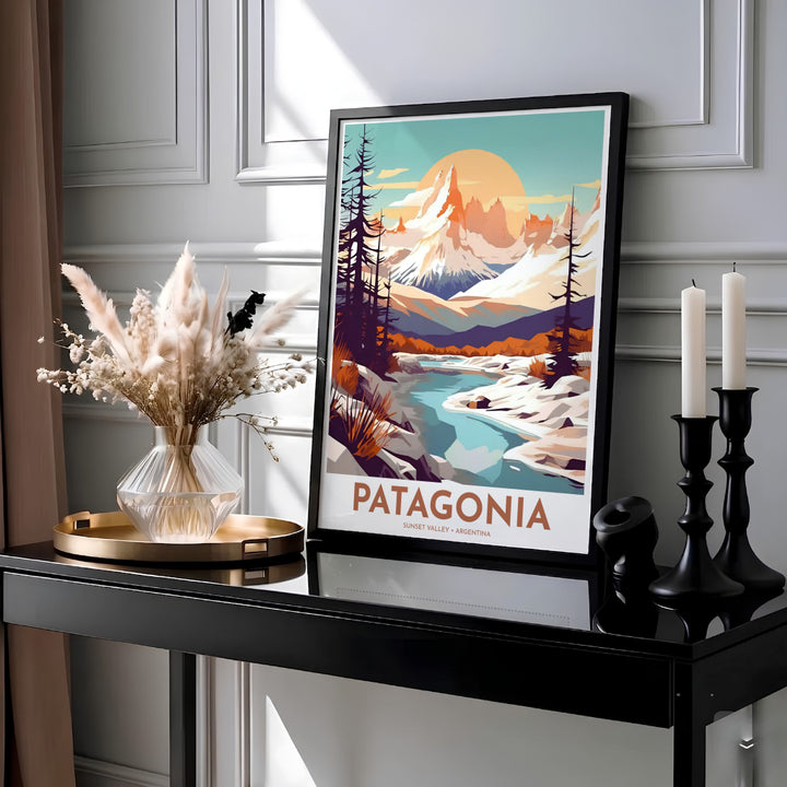 Showcasing Mount Fitz Roy with a winding turquoise stream, snow-covered rocks, and a radiant sun, this Patagonia Mountain print is designed by MapYourDreams across versatile formats including unframed paper, solid wood frames, and gallery canvas wraps.