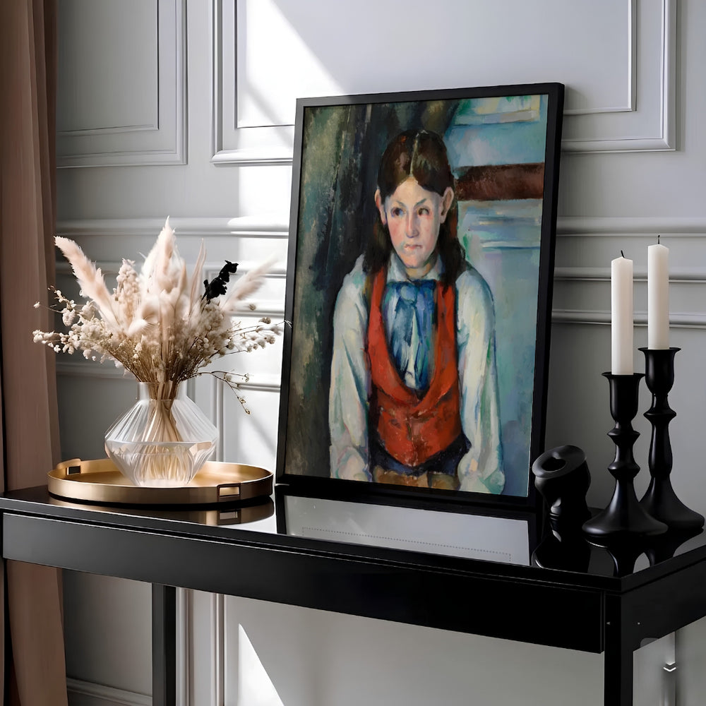 Historic Post-Impressionist oil painting print of Paul Cezanne Boy In A Red Vest 1888 painted in Paris France. Choose an unframed fine art paper print, a textured gallery stretched canvas print, or custom framed wall decor directly from MapYourDreams for your living room.