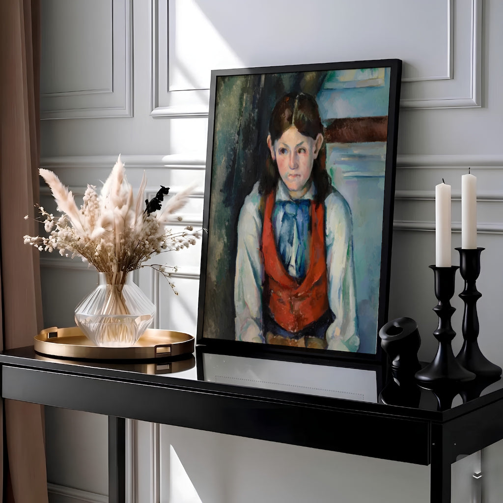 Historic Post-Impressionist oil painting print of Paul Cezanne Boy In A Red Vest 1888 painted in Paris France. Choose an unframed fine art paper print, a textured gallery stretched canvas print, or custom framed wall decor directly from MapYourDreams for your living room.