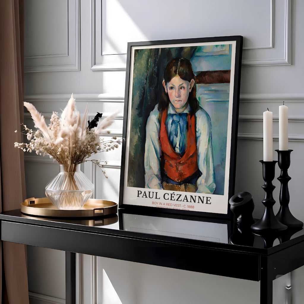 Expressive exhibition wall decor poster of Paul Cezanne Boy In Red Vest 1888 painted in Paris France featuring rich red waistcoat colors and gallery text. MapYourDreams offers elegant framed prints, unframed paper posters, and stretched canvas art prints for elegant study layouts.