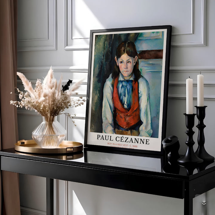 Expressive exhibition wall decor poster of Paul Cezanne Boy In Red Vest 1888 painted in Paris France featuring rich red waistcoat colors and gallery text. MapYourDreams offers elegant framed prints, unframed paper posters, and stretched canvas art prints for elegant study layouts.